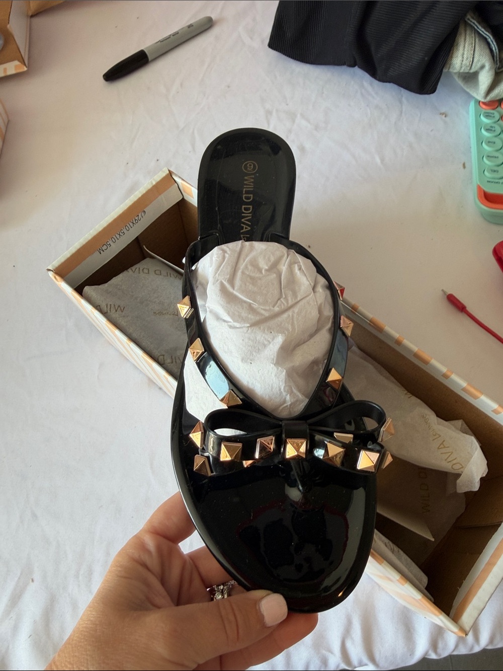 Wild Diva Black Studded Bow Jelly Slide Sandals